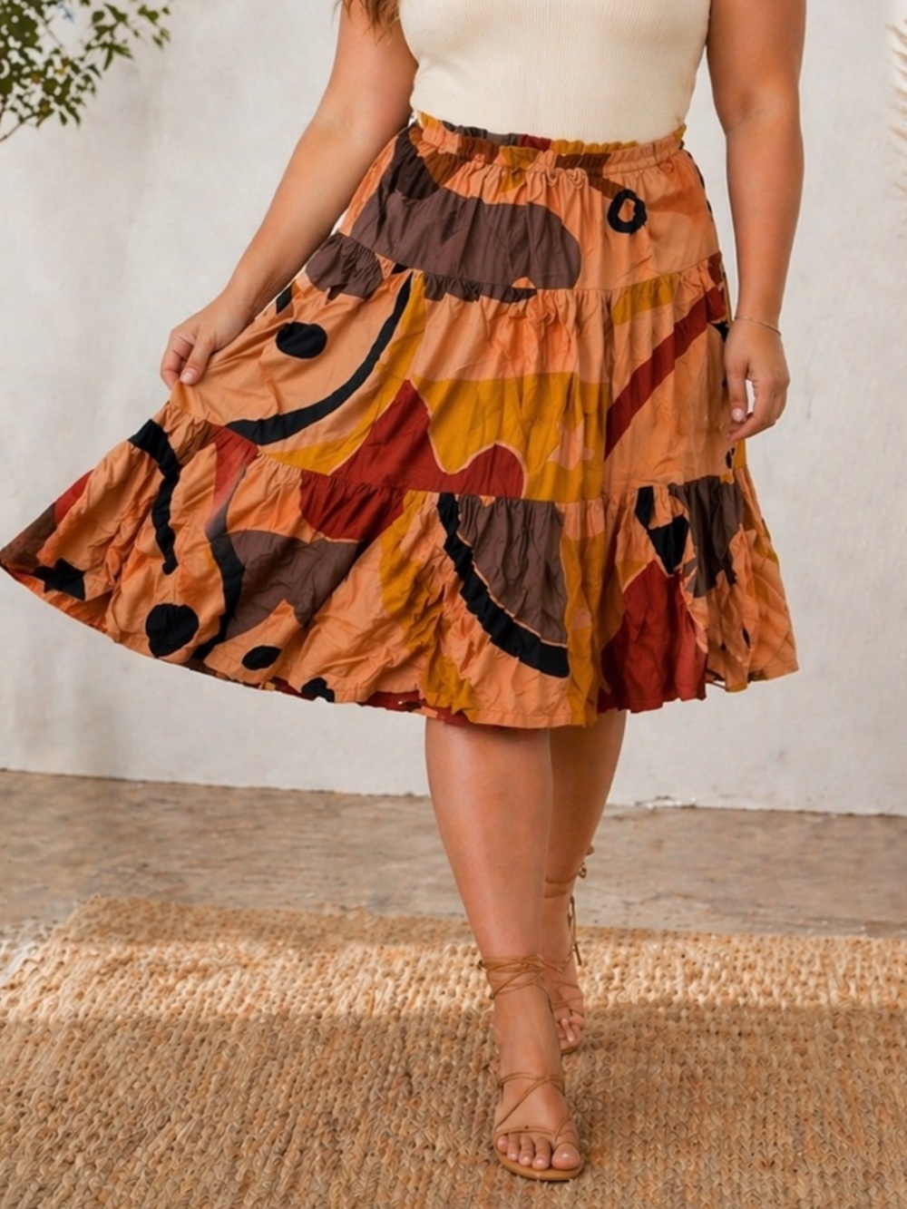 From the Andes | Boho Abstract Print Tiered Midi Skirt L